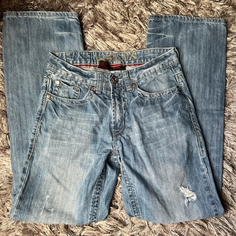 Helix slightly distressed denim bootcut jeans
